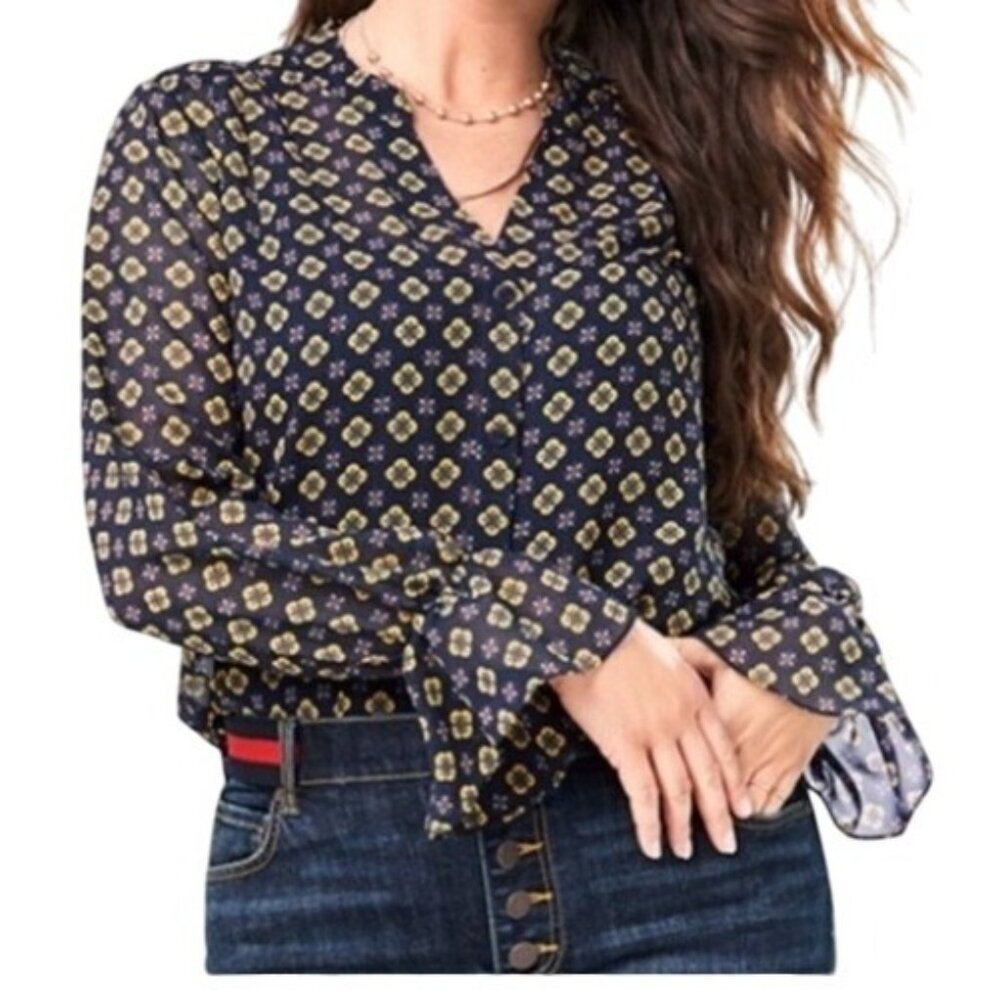 Cabi Top Size XS XSmall Sheer Mosiac Long‎ Sleeve Blouse Navy Blue & Yellow